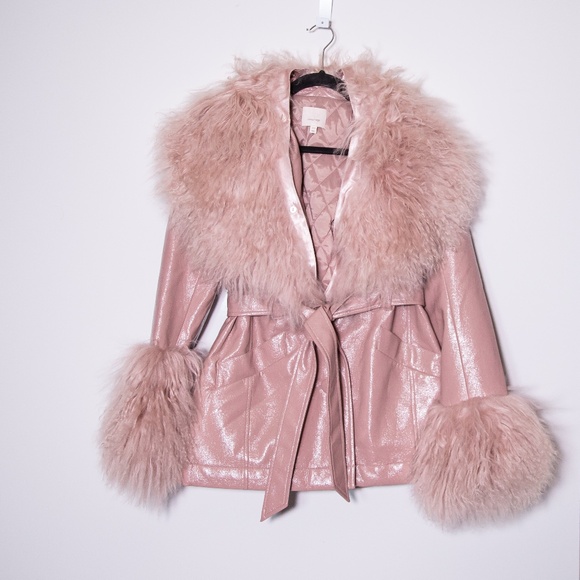 cinq a sept Jackets & Blazers - Cinq A Sept Blair Mongolian Lamb Trim Tie Waist Patent Coat Jacket Salt Pink XXS